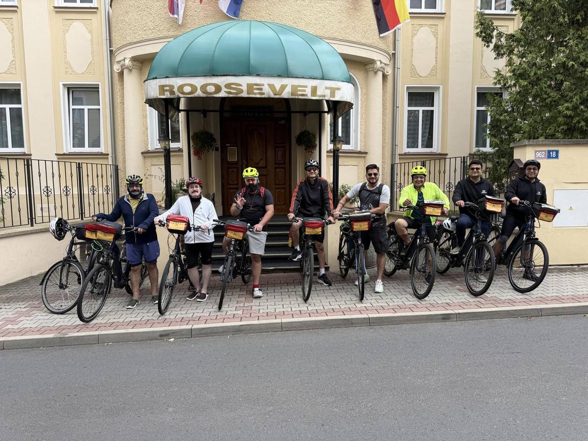 Group ready to ride outside the hotel in Litomerice